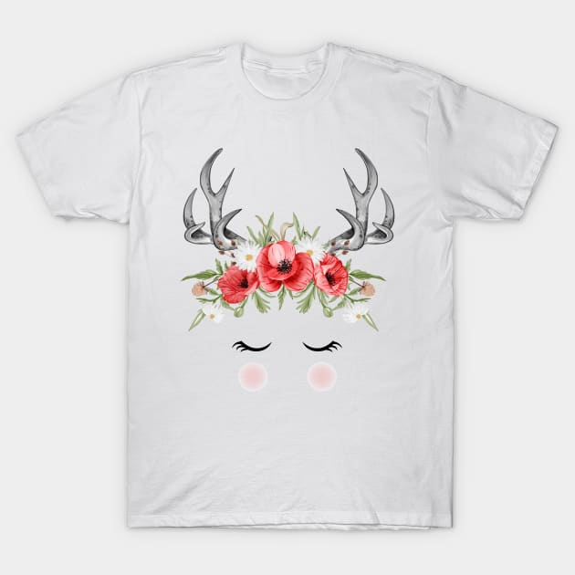 Deer Flower Red Poppy T-Shirt by Mako Design 